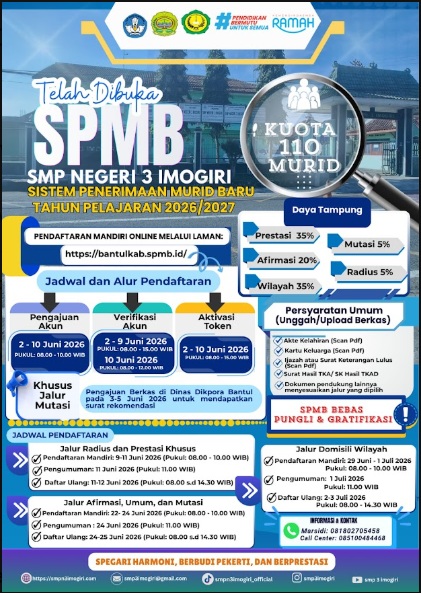 SMP Negeri 3 Imogiri Resmi Buka Pendaftaran Murid Baru Tahun Pelajaran 2026/2027, Kuota Terbatas 110 Kursi